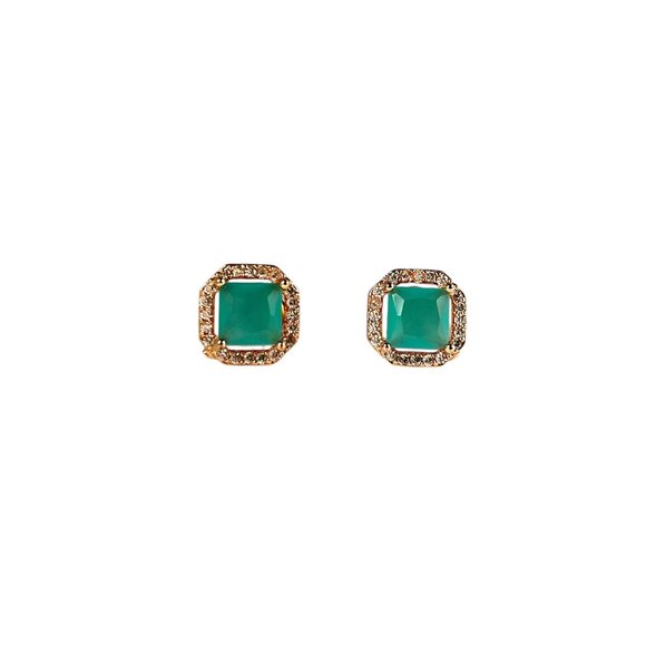Elegant Turquoise & Gold-Tone Stud Earrings Sparkling Crystal Accents Square - Picture 3 of 5